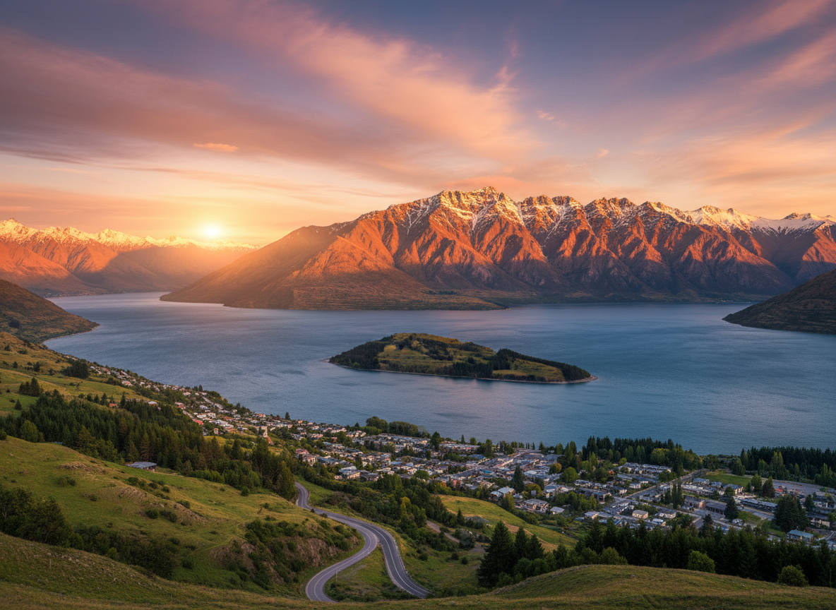 Stunning landscape of Queenstown New Zealand with Lake Wakatipu and the Remarkables mountain range in the background, golden light, scenic and dramatic