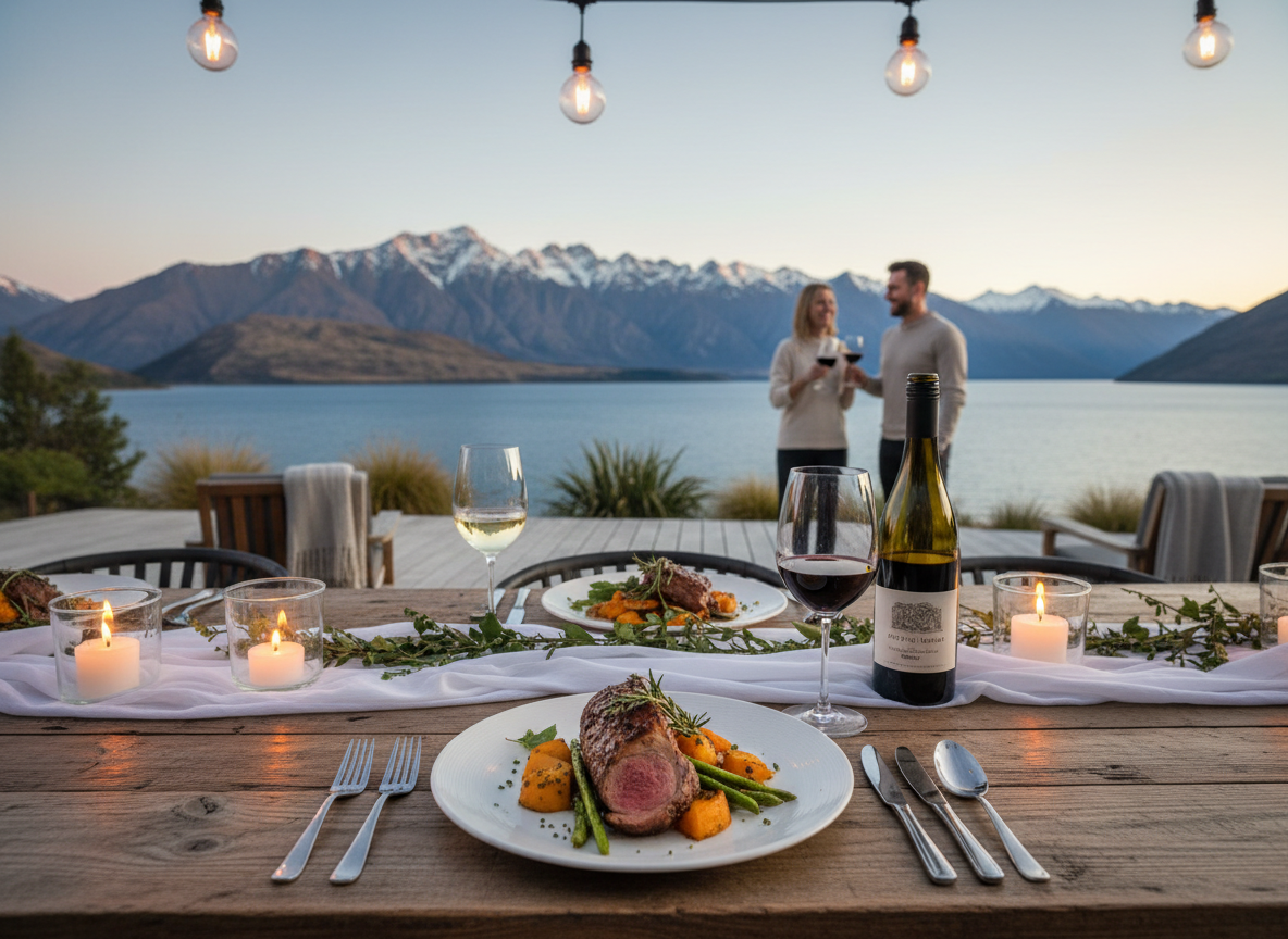 A beautifully presented meal at a Queenstown restaurant, local New Zealand food and wine, warm ambiance, scenic lakeside dining
